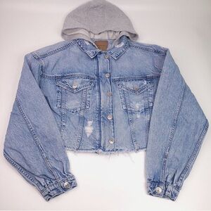 American Eagle Size Small Jean Jacket Sweatshirt Hood Denim Raw Cropped Cut Off